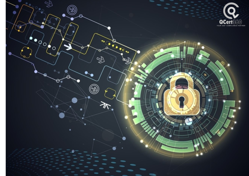 Digital illustration of cybersecurity with a secure lock symbol and abstract data flow, representing information security systems.