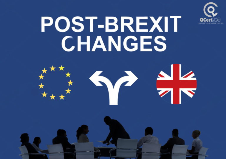 Engineer reviewing UKCA and CE compliance documents for post-Brexit product certification across global markets