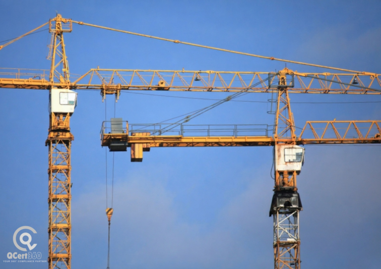 Construction site with workers and cranes illustrating ISO certification requirements for safety and quality management