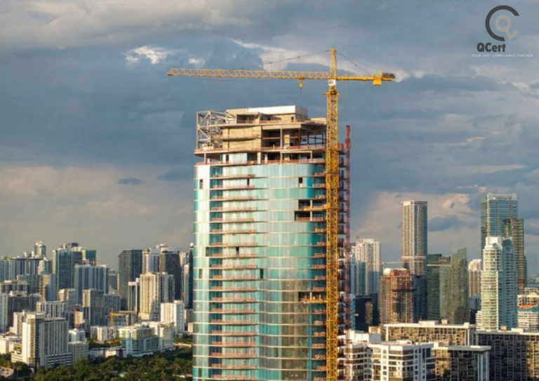 Construction team following ISO 45001 safety standards on an EU building site.