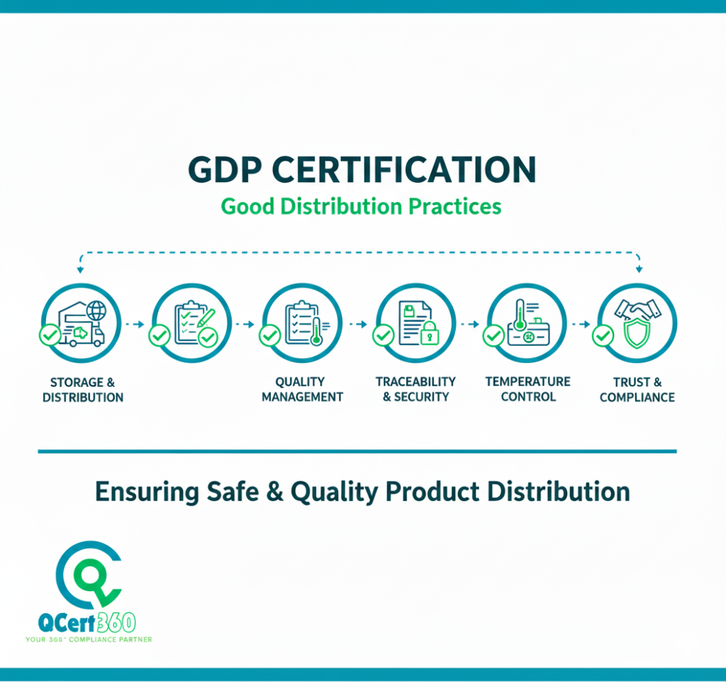 GDP certification logo representing Good Distribution Practices compliance for safe pharmaceutical supply chain management