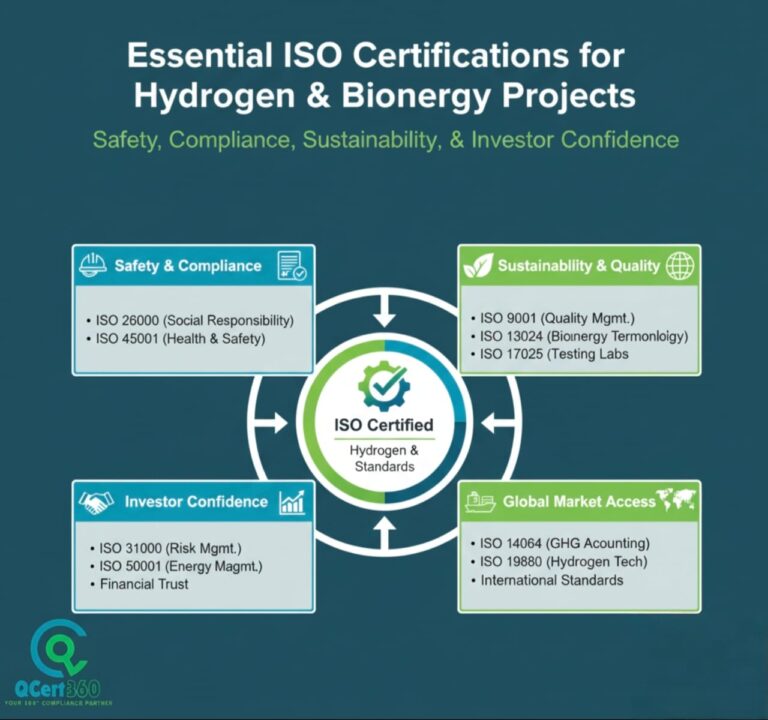 ISO certification requirements for hydrogen and bioenergy projects ensuring safety, compliance, sustainability, and global market readiness.