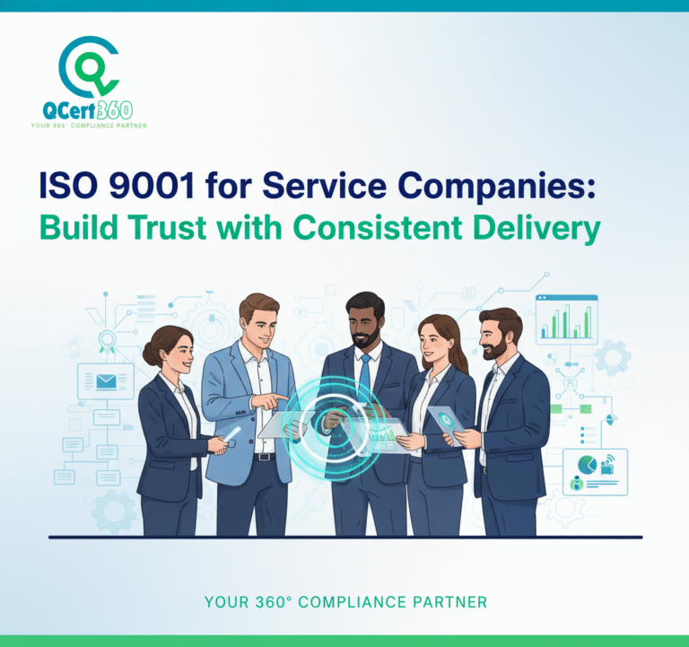 Graphic showing ISO 9001 benefits for service companies, focusing on consistent service delivery and improved customer trust.