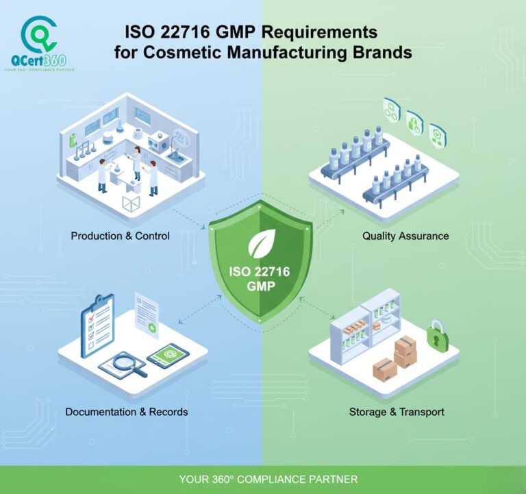 Cosmetic manufacturing team following ISO 22716 GMP guidelines to ensure safe, consistent, and compliant product production.