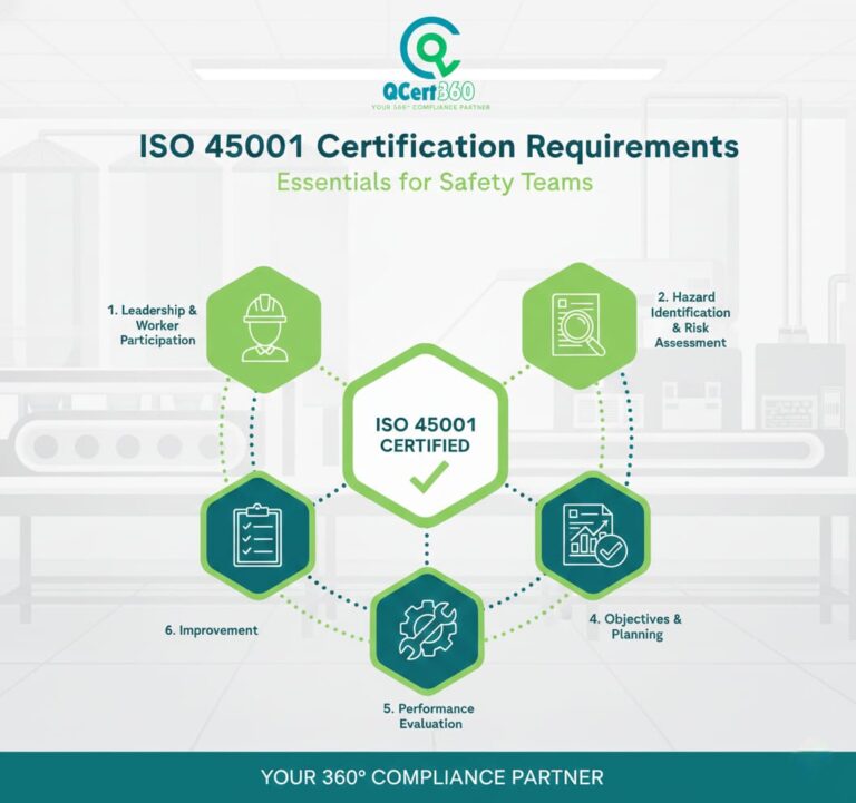 ISO 45001 certification requirements showing safety teams managing workplace risks and implementing essential safety controls.
