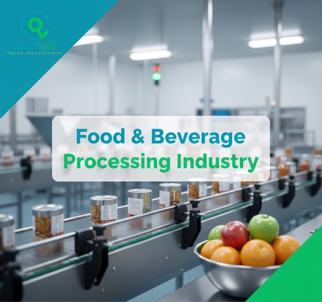 Food and beverage processing facility maintaining safety, hygiene, and quality compliance with Qcert360 certification support.