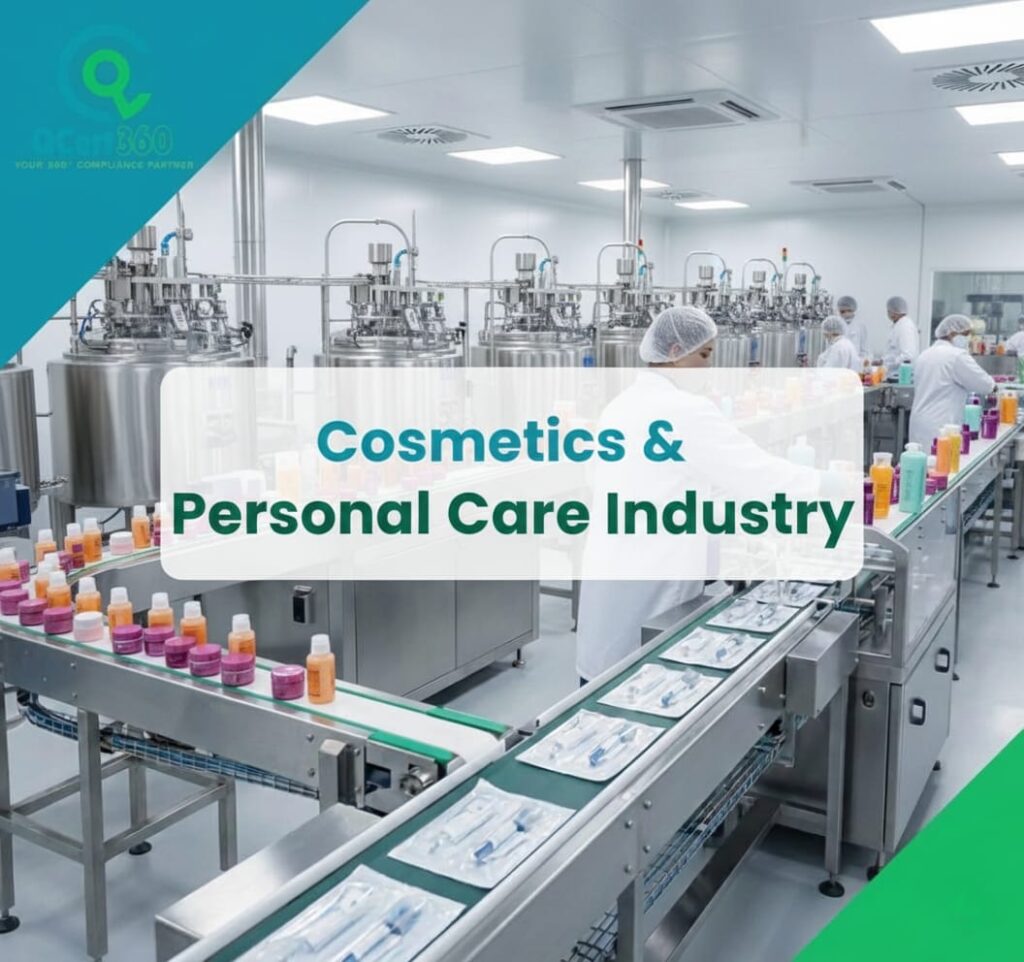 Cosmetics and personal care manufacturing following GMP, ISO standards, and regulatory compliance with Qcert360 support.