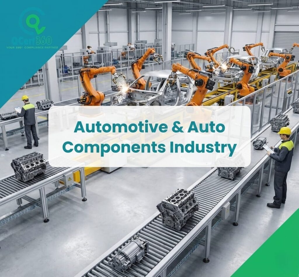 Automotive and auto components manufacturing following ISO quality standards and compliance supported by Qcert360.