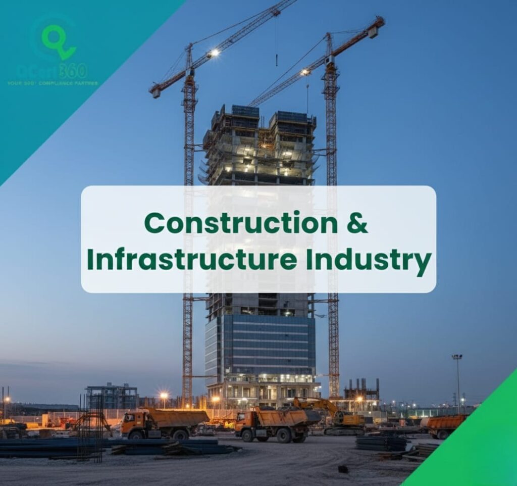 Construction and infrastructure projects following ISO standards, safety controls, and compliance supported by Qcert360.