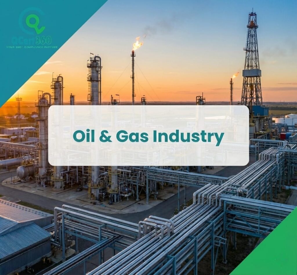 Oil and gas operations meeting ISO certification, safety compliance, and risk management requirements with Qcert360 support.