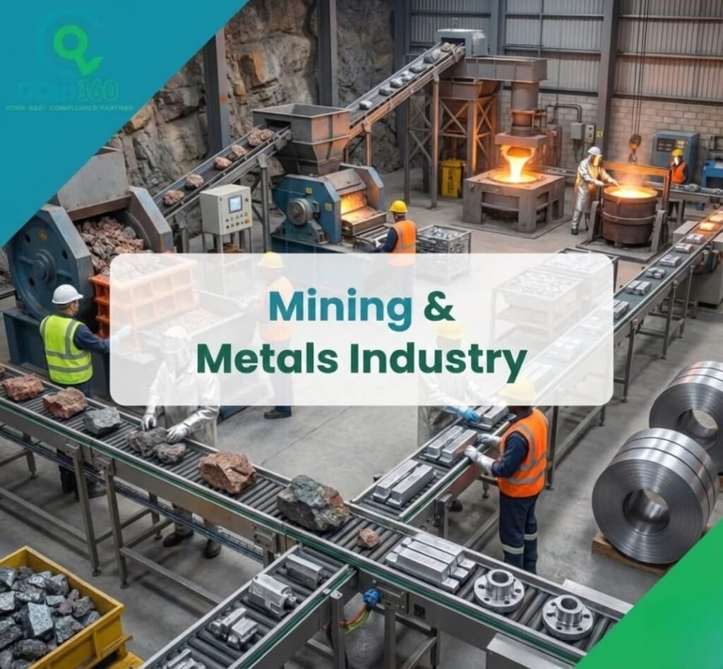 Mining and metals operations following ISO standards, safety controls, and compliance supported by Qcert360.