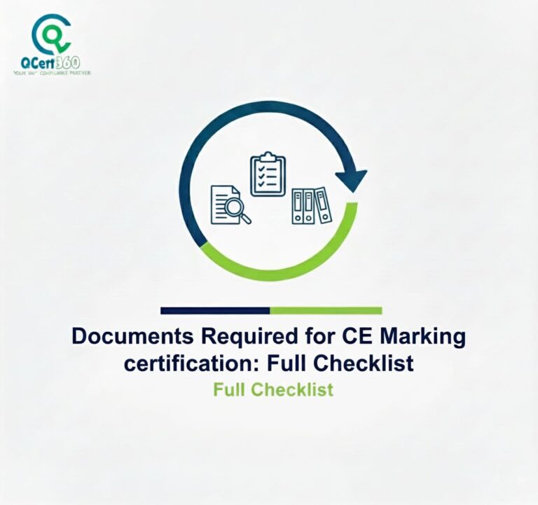 CE Marking documentation checklist showing required technical files, test reports, risk assessments, and declarations.