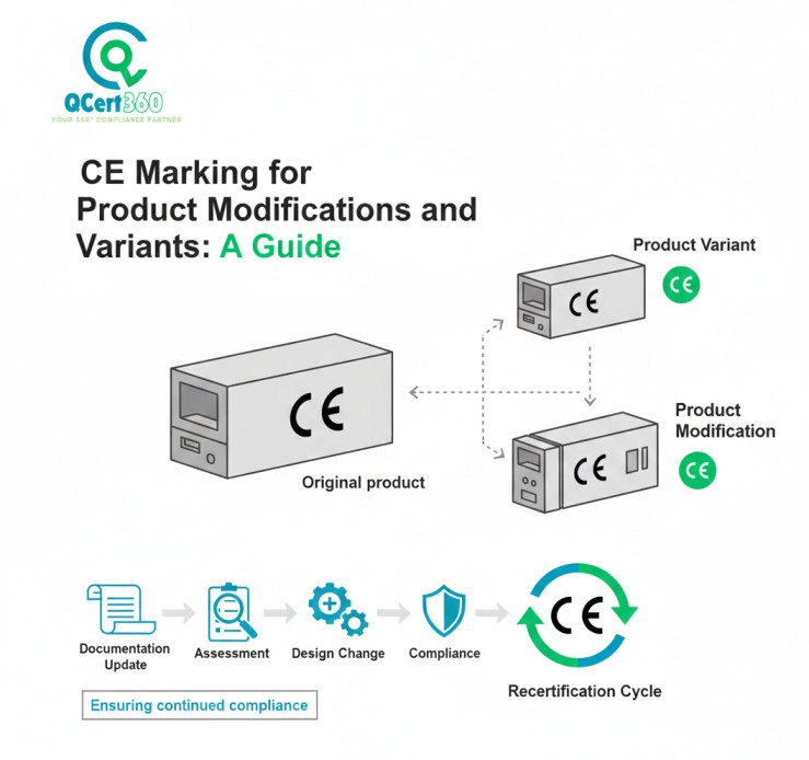 Product modification review for CE Marking showing assessment of design changes and compliance documentation updates.