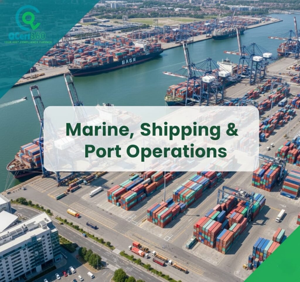 Marine, shipping, and port operations following ISO standards, safety controls, and compliance with Qcert360 support.