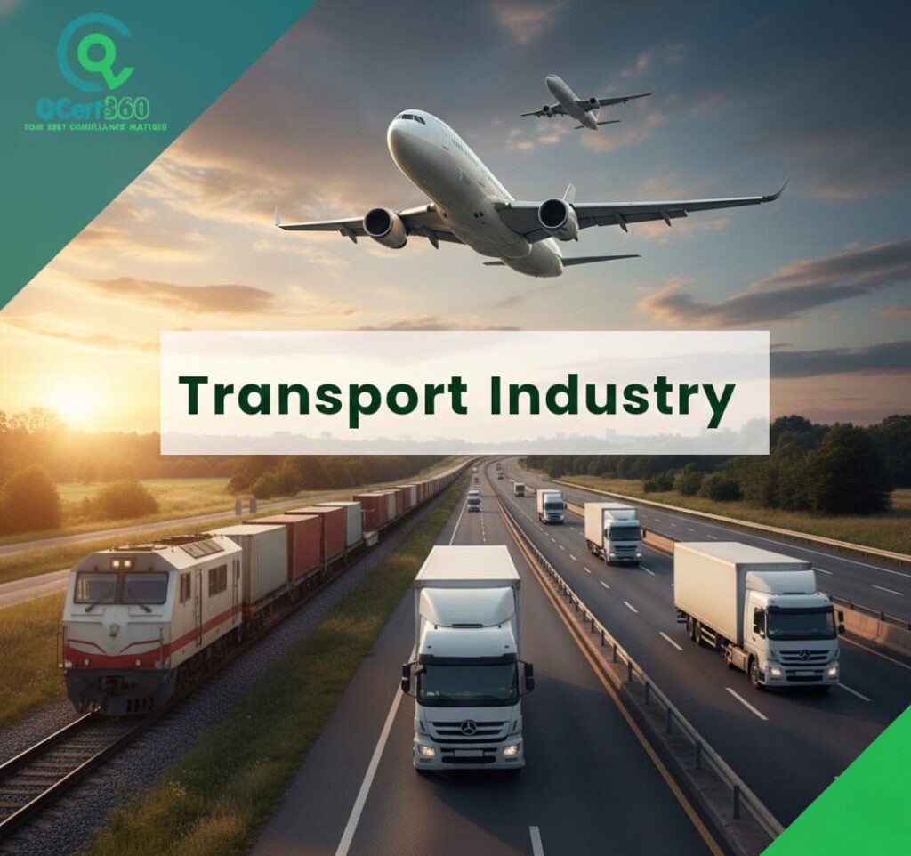 Transport industry operations following ISO standards, safety controls, and compliance with Qcert360 support.