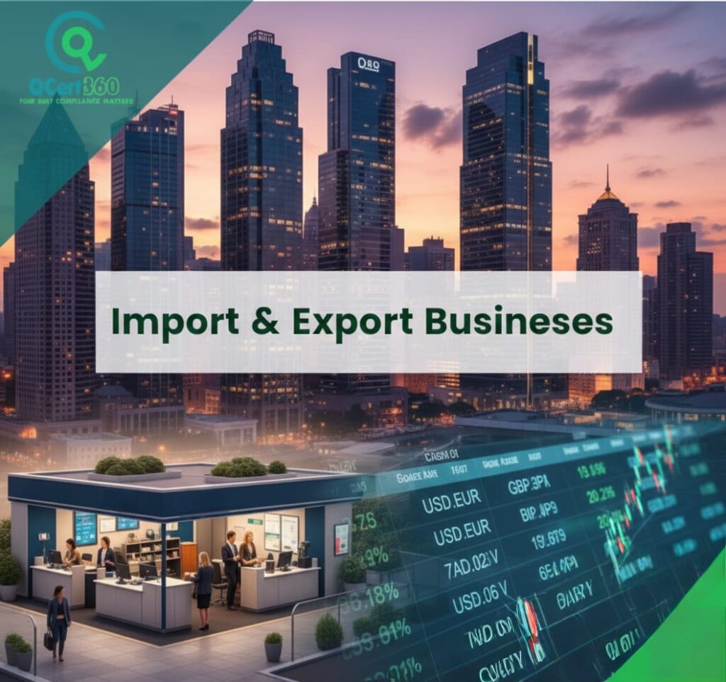 Import and export business operations following ISO standards, trade compliance, and documentation control with Qcert360 support.