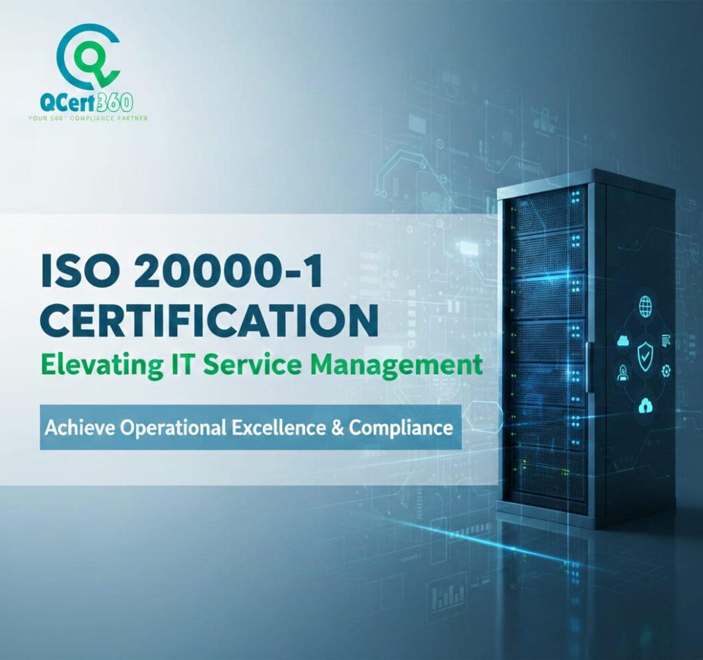 ISO 20000-1 certification for IT service management showing data center servers and IT service compliance concept.