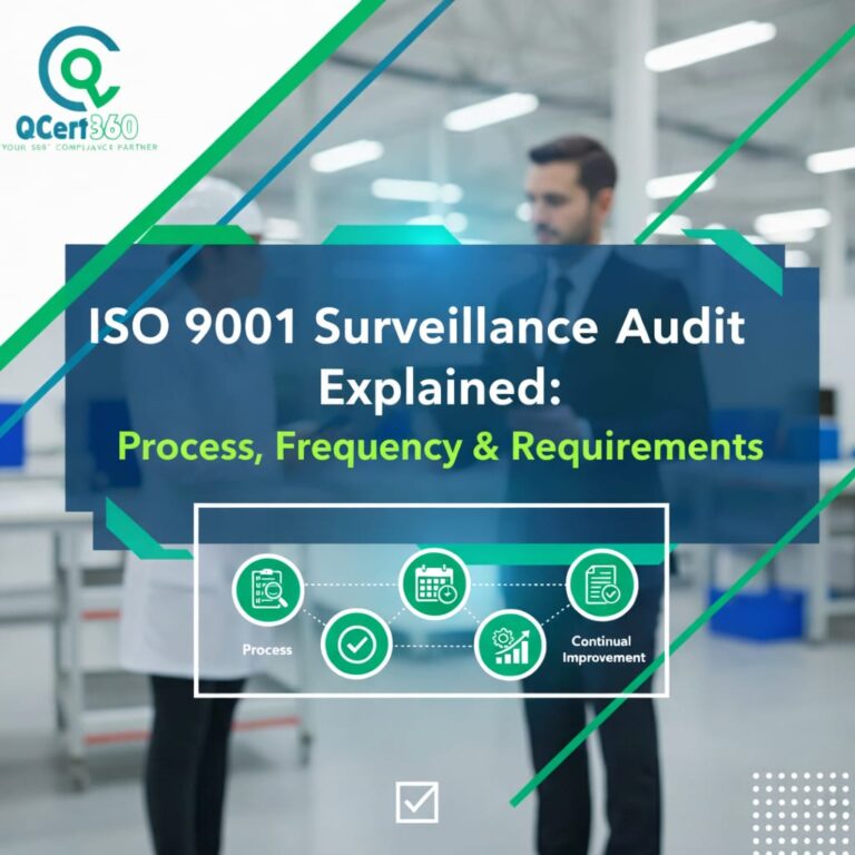 ISO 9001 surveillance audit in progress reviewing quality management system documents and process records.