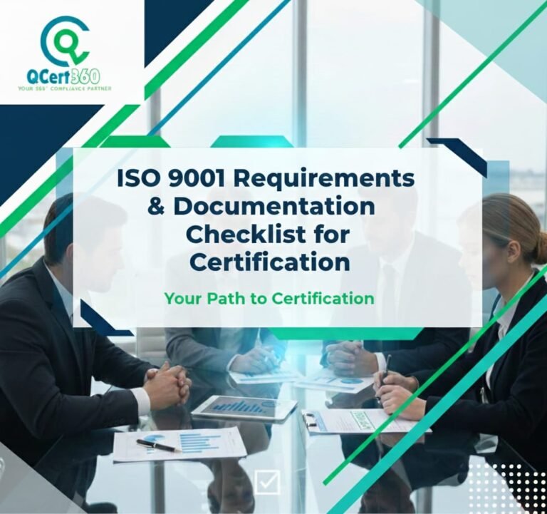 ISO 9001 requirements and documentation checklist showing quality manual, procedures, records, and compliance evidence.
