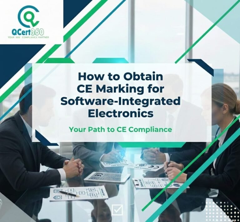 Software-integrated electronic device undergoing CE Marking process with compliance testing and technical documentation review.