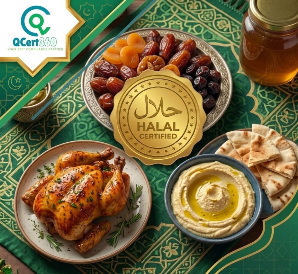 Halal certified food platter with chicken, dates, hummus and Islamic halal certification badge