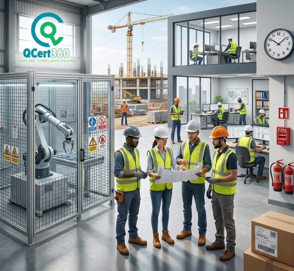 Industrial and construction workers conducting workplace safety inspection under OHSAS 18001 certification standards