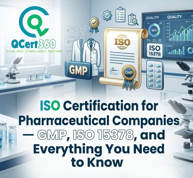 ISO certification for pharmaceutical companies featuring GMP compliance, ISO 15378 standards, laboratory equipment, and pharmaceutical quality management systems