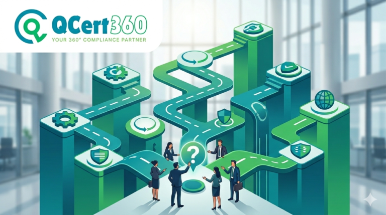Business professionals reviewing a certification roadmap showing ISO 9001, ISO 14001, ISO 45001, ISO 27001, HACCP, and CE certification pathways for company growth.