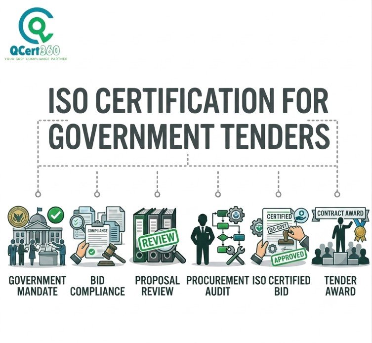 Illustration showing the ISO Certification for Government Tenders process, including tender requirements, bid compliance, proposal review, certification audit, ISO-compliant bidding, and contract award.