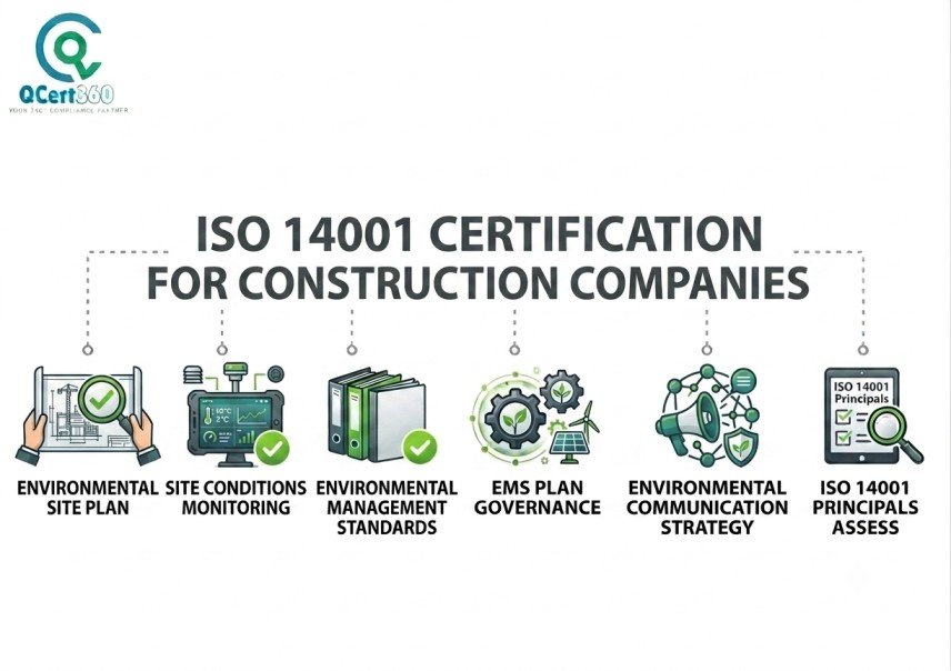 ISO 14001 Certification for Construction Companies infographic showing environmental site planning, monitoring, EMS governance, communication, and assessment.