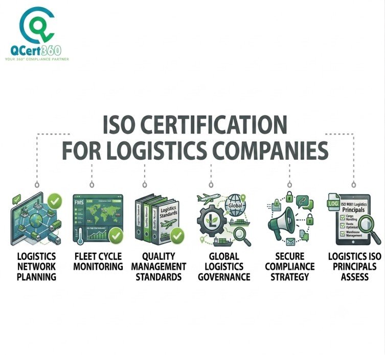ISO certification for logistics companies infographic highlighting logistics network planning, fleet monitoring, quality management, supply chain security, and compliance.