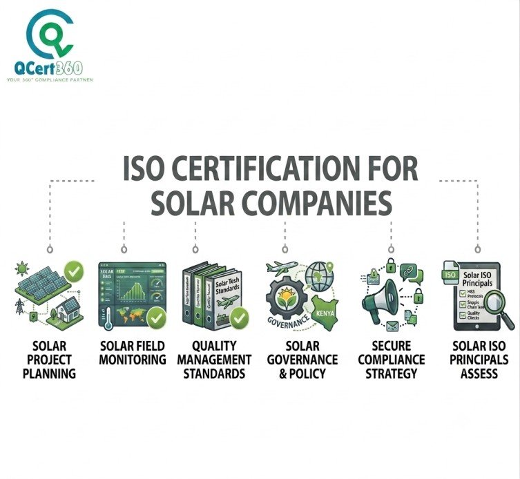 ISO certification for solar companies infographic showing solar project planning, field monitoring, quality management standards, compliance strategy, and ISO assessment