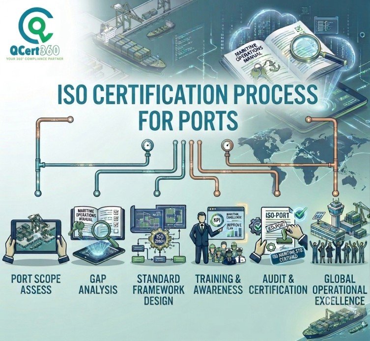 Infographic illustrating the ISO certification process for ports, including gap analysis, training, audit, certification, and operational excellence
