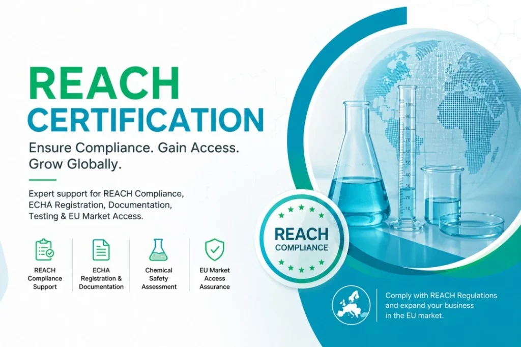 REACH Certification banner featuring ECHA registration, chemical assessment, compliance testing and EU market access support