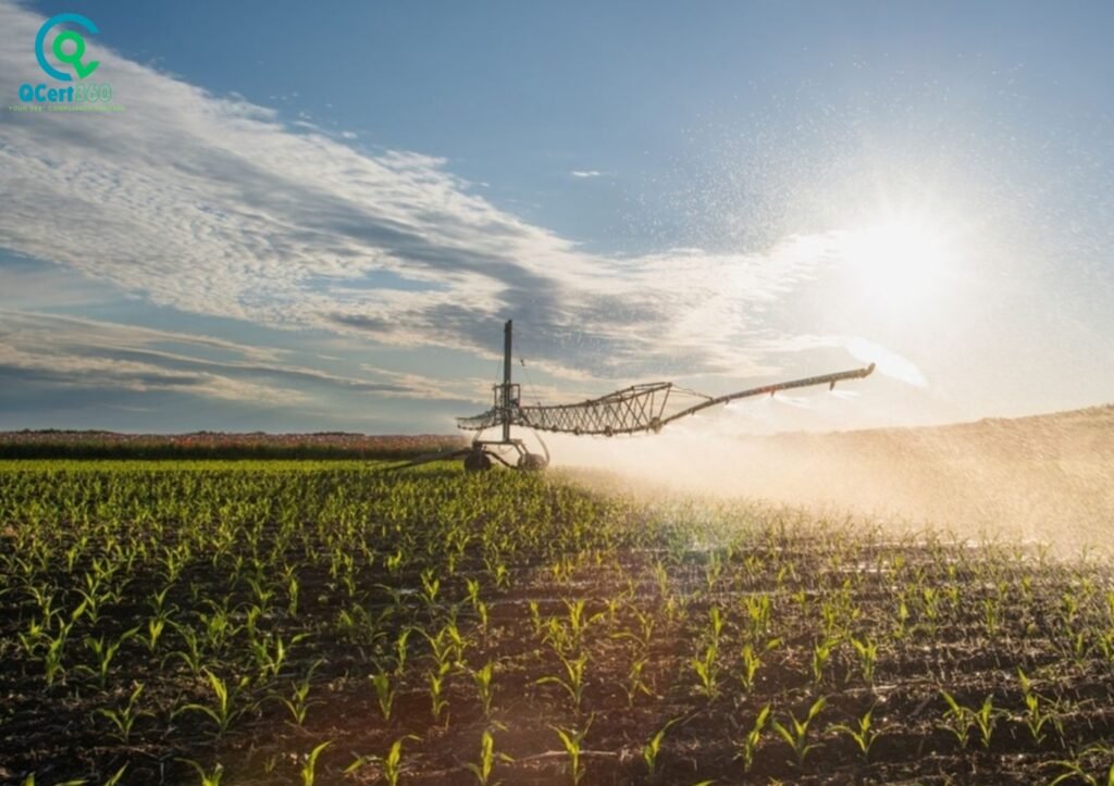 Modern irrigation system watering agricultural crops under GACP Certification standards for sustainable farming, quality assurance, and regulatory compliance.